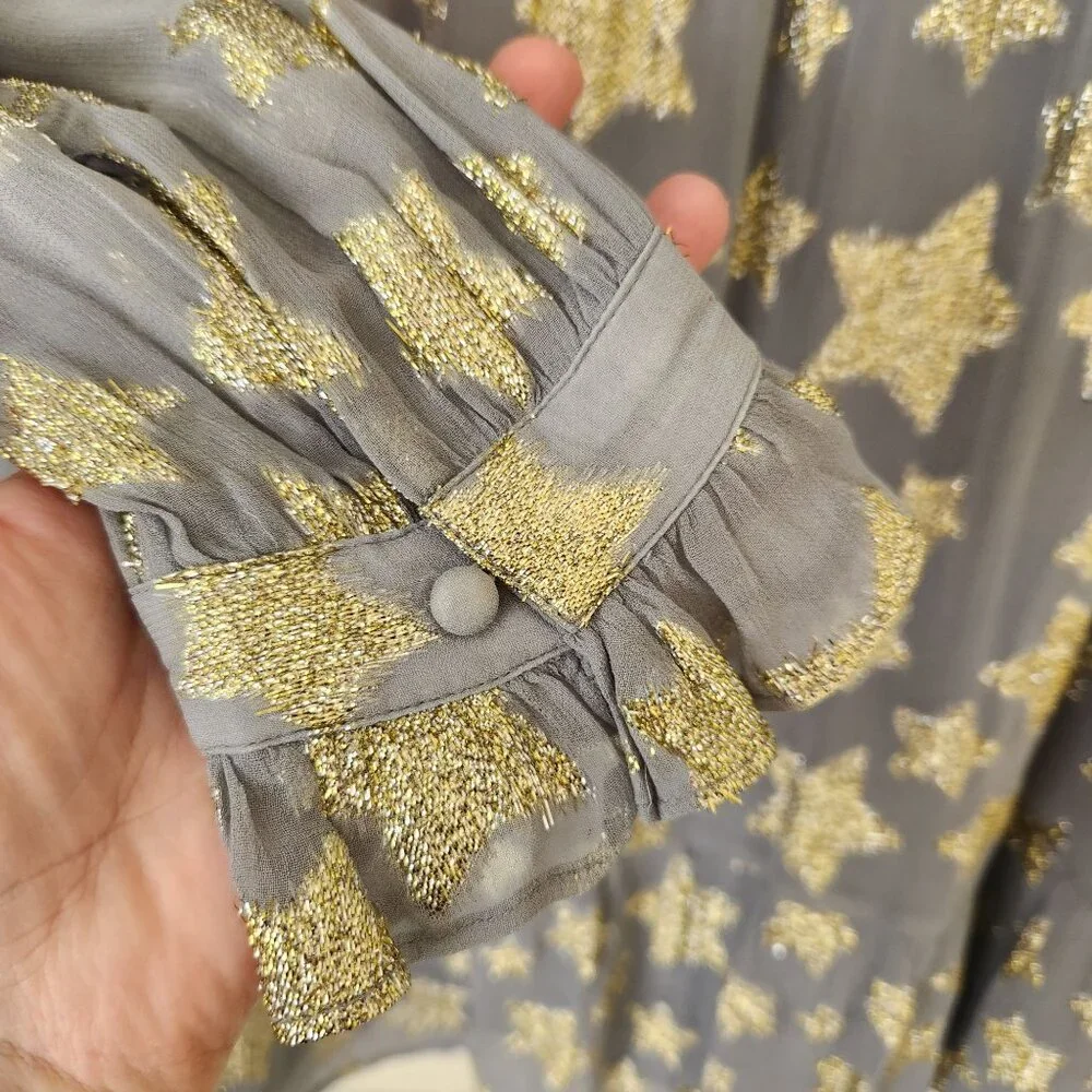 Loft Gold Star Print Shimmer Long-Sleeve Tiered Dress Gray Metallic Babydoll - Picture 5 of 11